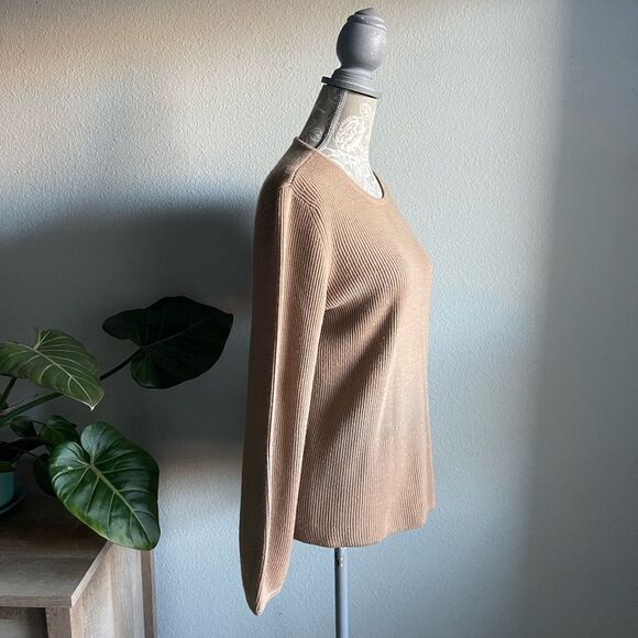 J. McLaughlin Wool Ribbed Blouson Sleeve Sweater in Tan - Picture 2 of 12